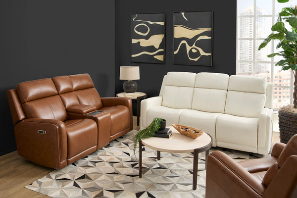 Flexsteel Alister Leather Power Gliding Loveseat with Console, Power Headrests & Lumbar in Sedona