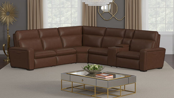 Flexsteel Sense Italian Leather 6-Piece Power Reclining Sectional with Console, Power Headrests, Lumbar & Pulse Immersive Audio in Espresso
