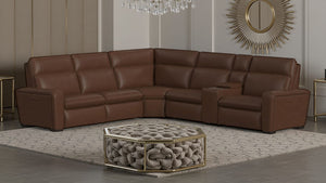 Flexsteel Sense Italian Leather 6-Piece Power Reclining Sectional with Console, Power Headrests, Lumbar & Pulse Immersive Audio in Espresso