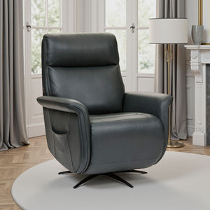 Flexsteel Zen Leather Power Swivel Recliner with Power Headrest, Heat, Massage & Ventilation in Whale Blue