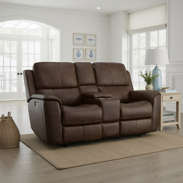 Flexsteel Harrison Leather Triple Power Console Loveseat with Heat & Massage in Burnt Umber