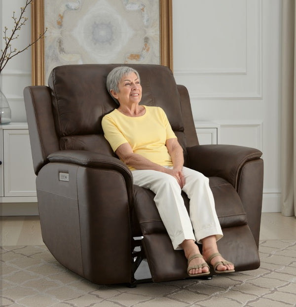 Flexsteel Harrison Leather Triple Power Recliner with Heat & Massage in Burnt Umber