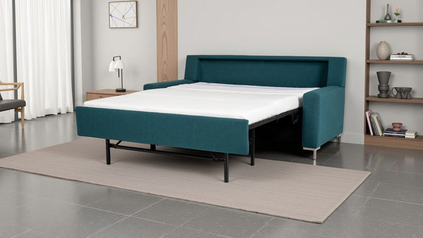 American Leather Bryson 75 Inch Pashmina Teal Fabric Queen Comfort Sleeper with Polished Nickel Finish