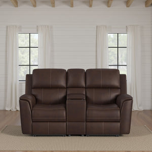 Flexsteel Harrison Leather Triple Power Console Loveseat with Heat & Massage in Burnt Umber