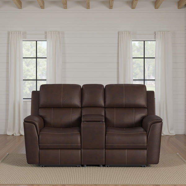 Flexsteel Harrison Leather Triple Power Console Loveseat with Heat & Massage in Burnt Umber