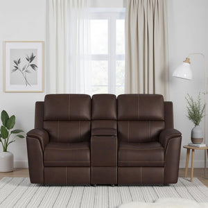 Flexsteel Harrison Leather Triple Power Console Loveseat with Heat & Massage in Burnt Umber