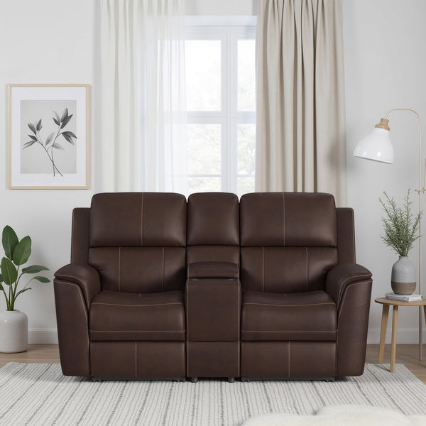 Flexsteel Harrison Leather Triple Power Console Loveseat with Heat & Massage in Burnt Umber