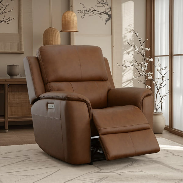 Flexsteel Harrison Leather Triple Power Recliner with Heat & Massage in Caramel