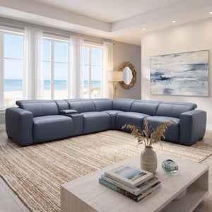 HTL Aspen 6-Piece Power Reclining Sectional in Ocean Blue Leather