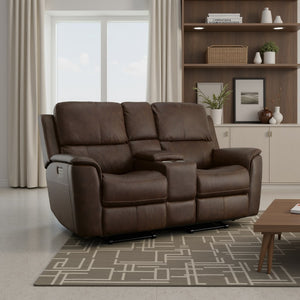 Flexsteel Harrison Leather Triple Power Console Loveseat with Heat & Massage in Burnt Umber