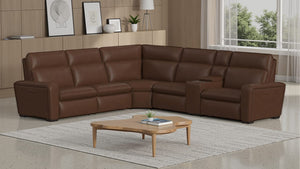 Flexsteel Sense Italian Leather 6-Piece Power Reclining Sectional with Console, Power Headrests, Lumbar & Pulse Immersive Audio in Espresso