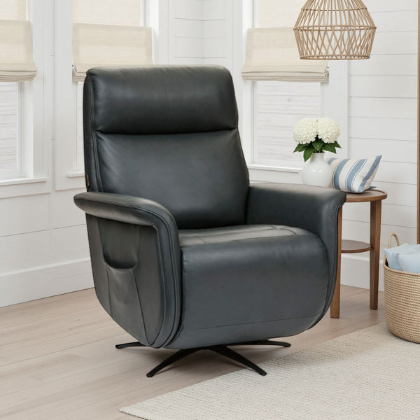Flexsteel Zen Leather Power Swivel Recliner with Power Headrest, Heat, Massage & Ventilation in Whale Blue
