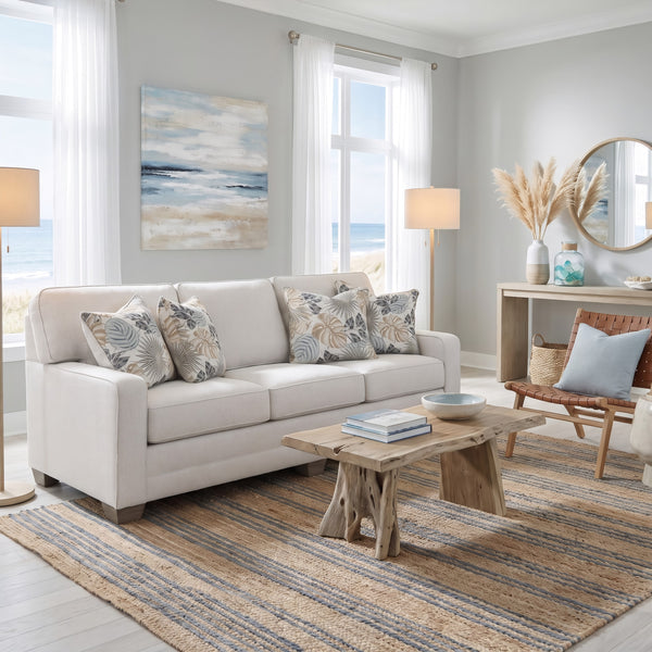King Hickory Bentley Sofa in Downton Pearl with Timmons Harbor Pillows