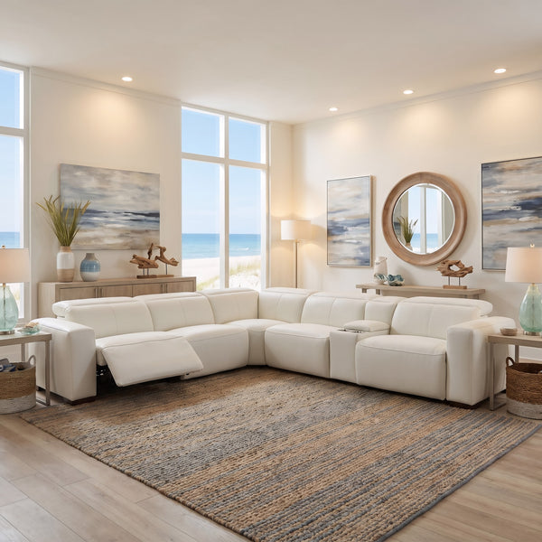 Aspen 6-Piece Power Reclining Sectional in Snow White Leather