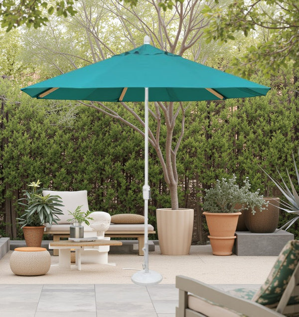 Treasure Garden Aqua Market White Pole Umbrella with 50Lb Art Deco Base