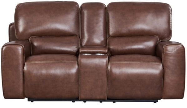 Leather Italia Broadway Brown Leather Loveseat with USB, Power Headrest & Footrest