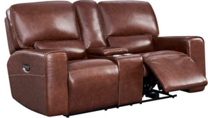 Leather Italia Broadway Brown Leather Loveseat with USB, Power Headrest & Footrest