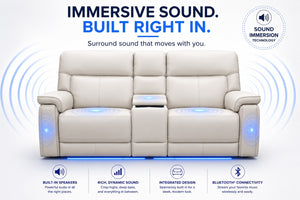 Moto Motion Harmony Console Loveseat with Home Theater & Multi Media & Air Massage & 3-Zone Heating & Zero Gravity In Sorrento Dove Leather