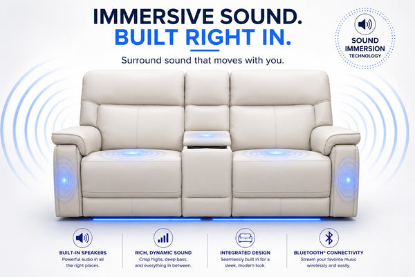 Moto Motion Harmony Console Loveseat with Home Theater & Multi Media & Air Massage & 3-Zone Heating & Zero Gravity In Sorrento Dove Leather