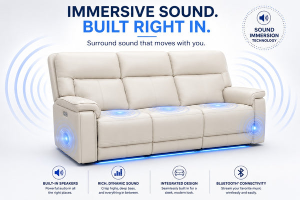 Moto Motion Harmony Triple Power Sofa with Home Theater & Middle Speaker & Air Massage & 3-Zone Heating & Zero Gravity In Sorrento Dove Leather