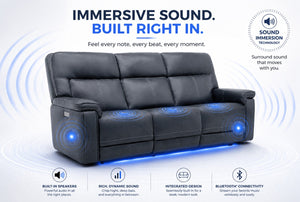 Moto Motion Harmony Triple Power Sofa with Home Theater & Middle Speaker, Air Massage, 3-Zone Heating & Zero Gravity In Sorrento Ocean Leather