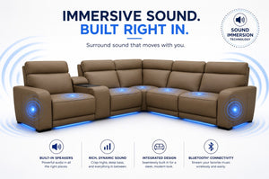 Moto Motion Melody 6-Piece Triple Power Cappuccino Leather Sectional with Speaker Audio Headrests