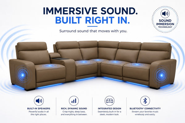 Moto Motion Melody 6-Piece Triple Power Cappuccino Leather Sectional with Speaker Audio Headrests