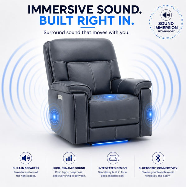 Moto Motion Harmony Recliner with Home Theater Immersive Multi Media, Air Massage, 3-Zone Heating & Zero Gravity In Sorrento Ocean Leather