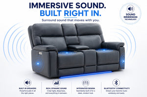 Moto Motion Harmony Console Loveseat with Home Theater & Multi Media & Air Massage & 3-Zone Heating & Zero Gravity In Sorrento Ocean Leather