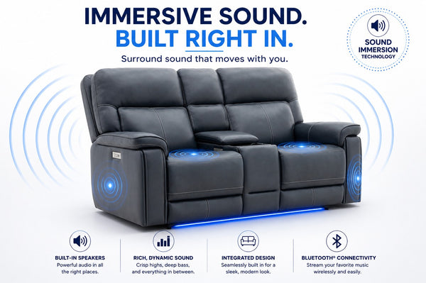 Moto Motion Harmony Console Loveseat with Home Theater & Multi Media & Air Massage & 3-Zone Heating & Zero Gravity In Sorrento Ocean Leather