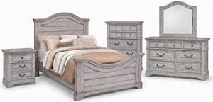 American Woodcrafters Complete Queen Bedroom Set Panel Bed, Dresser, Mirror, Chest & Nightstand Light Distressed Antique Gray Stonebrook