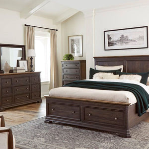 napa furniture grand louie queen complete storage bed in rustic brown/distressed black