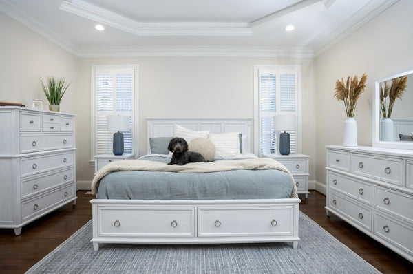 Seawinds Finn & Louise Point Breeze Queen Storage Complete Bed in Fresh White & Soft Grey Glaze