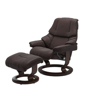 Stressless Reno Medium Chair & Ottoman in Paloma Chocolate with Classic Base & Brown Finish