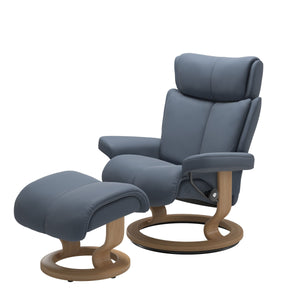 Stressless Magic Large Classic Base Chair & Ottoman in Paloma Sparrow Blue with Oak Finish