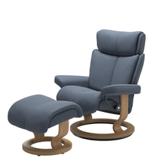 Stressless Magic Medium Classic Base Chair & Ottoman in Sparrow Blue Leather with Oak Finish