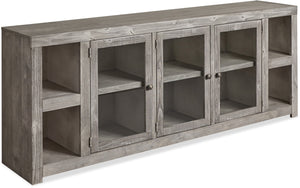 aspenhome avery loft 84" tv console with 3-doors in limestone