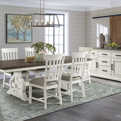 Intercon Drake Two-Toned Rustic White & Oak Finish Trestle Table with 4 Upholstered Cushion Side Chairs