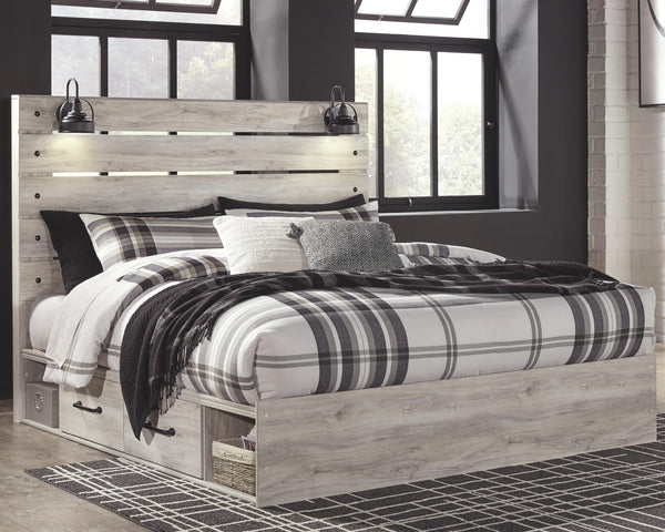 Cambeck King Panel Bed with 4-Drawers of Storage & USB Whitewash