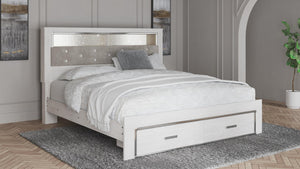 Altyra King Upholstered Bookcase Bed with 2-Drawer Storage White