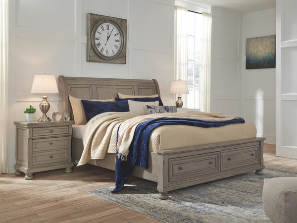 Lettner King Sleigh Bed with 2-Drawers of Storage Light Gray