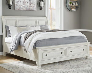 Robbinsdale Queen Sleigh Bed with 2-Drawers of Storage Antique White