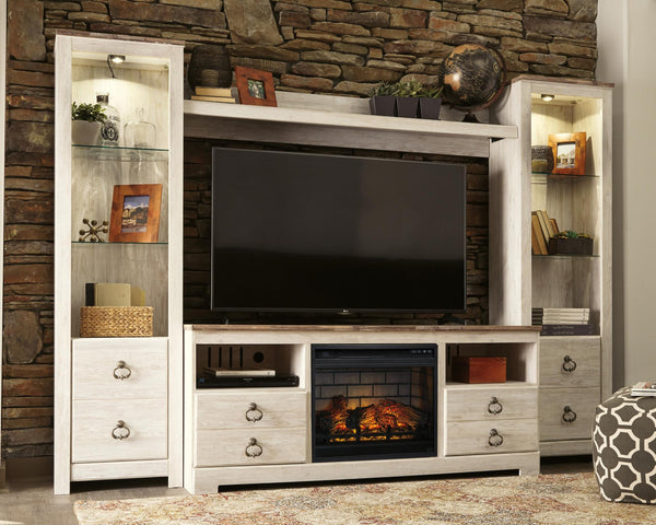 Willowton 4-Piece Entertainment Center with Electric Fireplace Whitewash