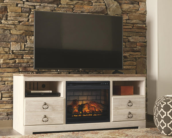 Willowton 64-Inch TV Stand with Electric Fireplace Whitewash