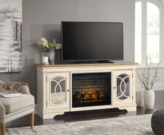Realyn Pastoral Charm 74-Inch TV Stand with Electric Fireplace Chipped White