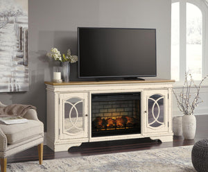 Realyn Pastoral Charm 74-Inch TV Stand with Electric Fireplace Chipped White
