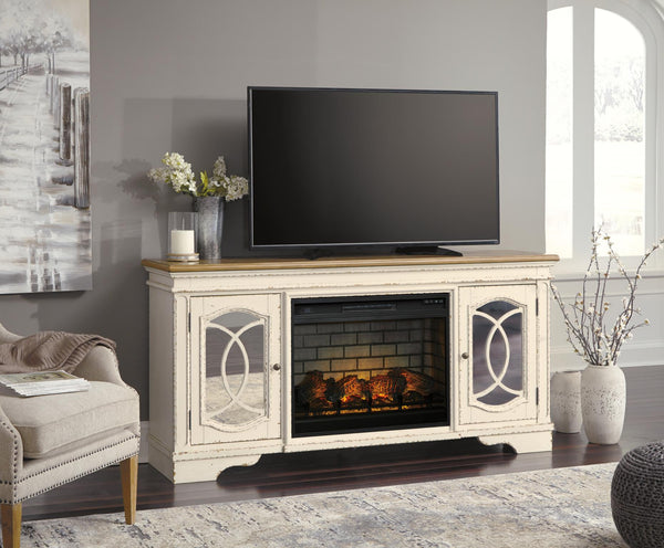 Realyn Pastoral Charm 74-Inch TV Stand with Electric Fireplace Chipped White