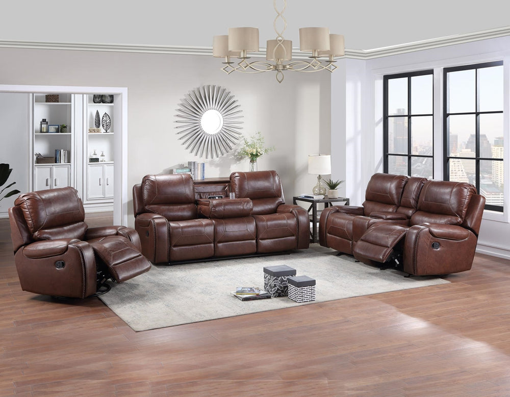 Steve Silver Keily Brown Reclining Sofa Loveseat & Chair Set With Antiqued Brass Nailhead Trim