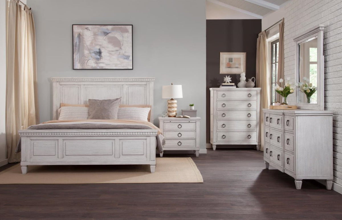American Woodcrafters Complete Queen Bedroom Set Panel Bed, Dresser & Mirror White Grain Salter Path
