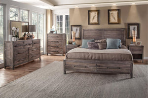 American Woodcrafters Aurora King Sleigh Bed with Storage Footboard in Weathered Grey